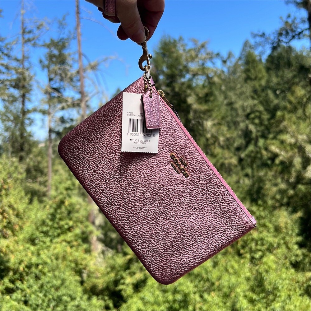 COACH Small Corner Zip Wristlet Wallet Pink Metallic Pebble Leather C7215 NWT - Picture 3 of 11